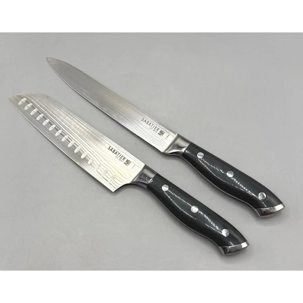 Sabatier 21C890 2 Piece Knife Set 7in Santoku 8in Slicer Damascus Etched Steel